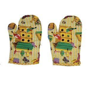 Vintage pair of oven mitts yellow bird print